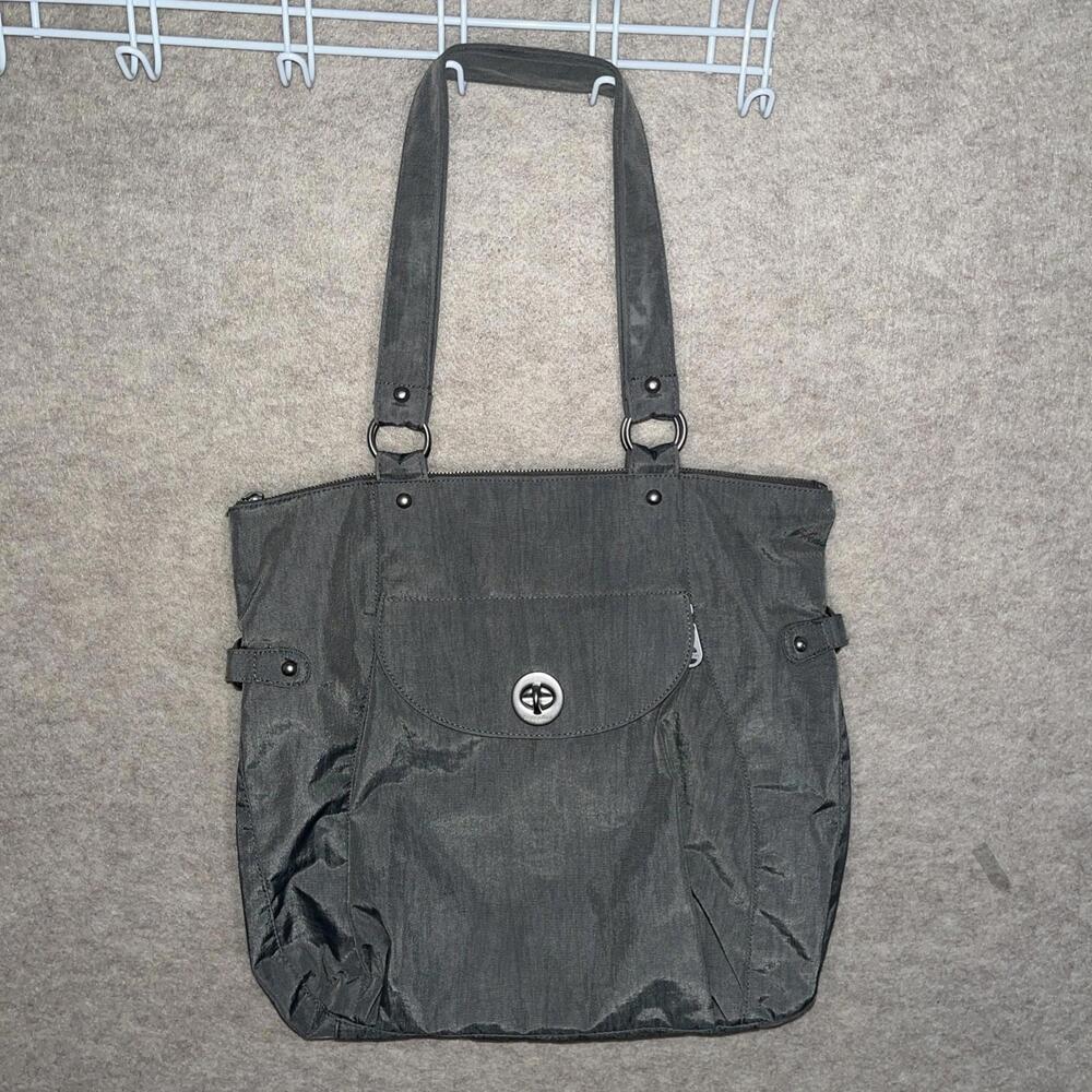 Baggallini Top Zip Turnlock Nylon Travel Tote Bag  With Zip Pouch Gray W Yellow